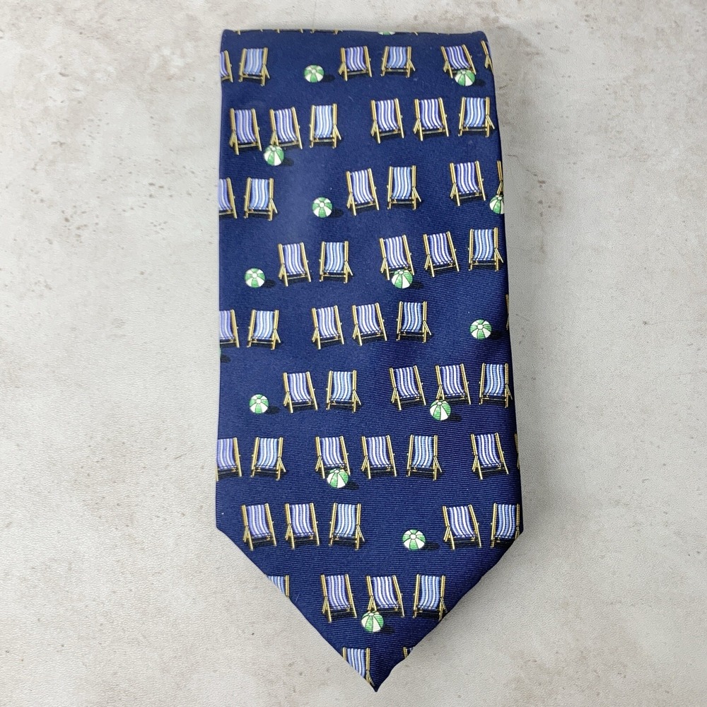 YSL Yves Saint Laurent‎ Neck Tie Mens Blue Silk Beach Ball Chair Novelty Printed